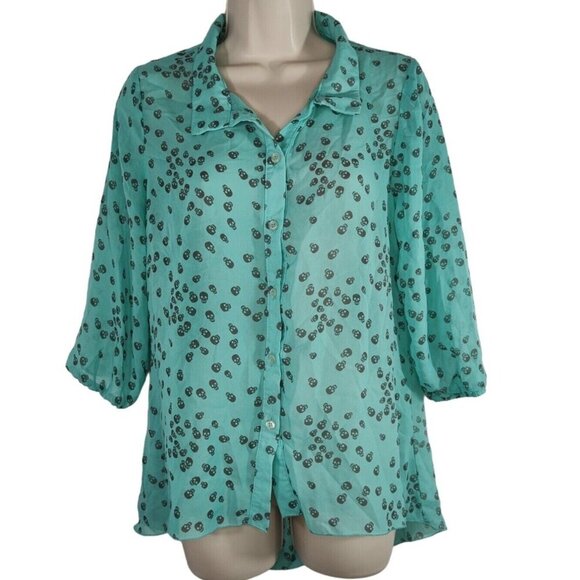 Wishful Park Green Button Up Skull Printed Blouse Top Sheer Women Size L 3/4 Slv - Picture 1 of 8